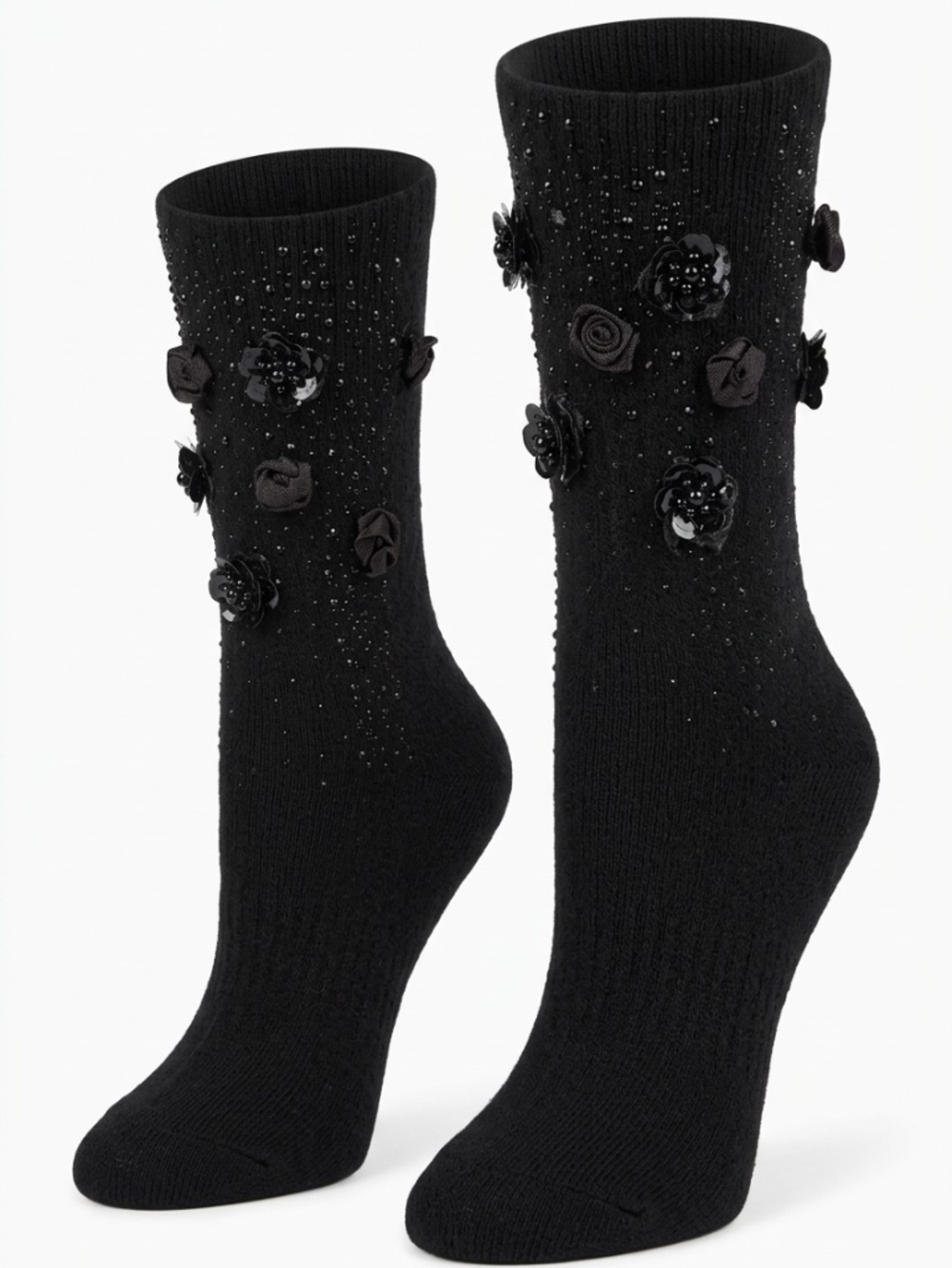 Black Novelty Embellished Rose Poppy Crystal Ribbed Knit Socks Luxury
